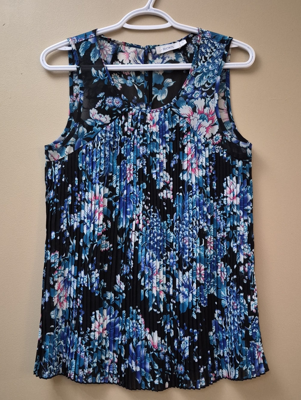 Ricki's Black Floral Pleated Camisole with Blue and White Blooms